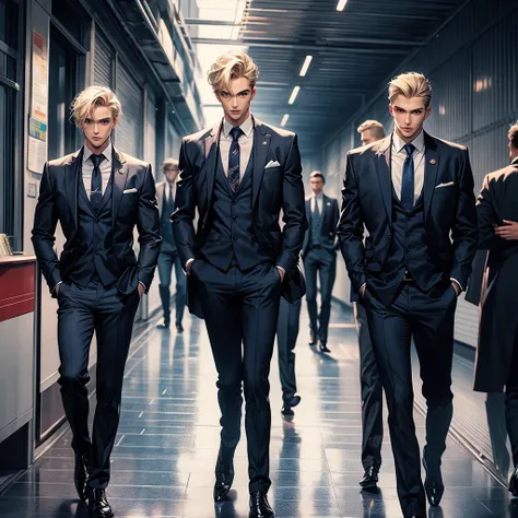  Three blonde guys, different hair lengths, Different heights, conflict. business suit,  tracksuit, vintage suit . 