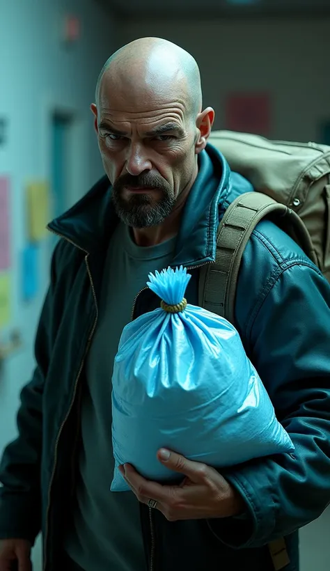 A picture of a character from the  "Breaking Bad" He carries a bag full of blue meth, and his facial expressions are full of cunning and adventure.