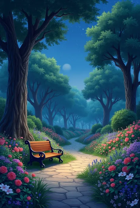 Hello I would like you to generate a night garden for me with different flowers and trees and a park bench 