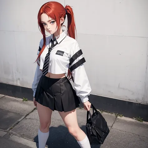 A girl in a black and white Seifuku uniform ,  she has long red hair tied in a ponytail,  Her eyes are light brown , slender,  medium breasts ,  white socks above the knees , (standing), (neutral background)