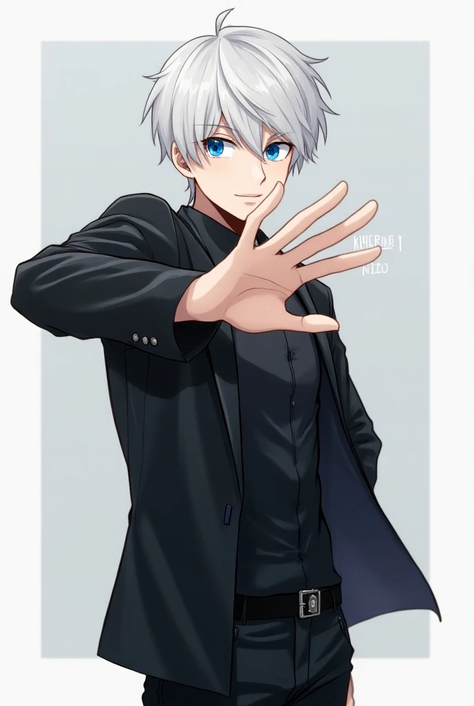  Create the image of an anime guy with white hair and especially bright blue eyes, he wears a black outfit, he is standing with one hand raised and is crossing his fingers  🤞