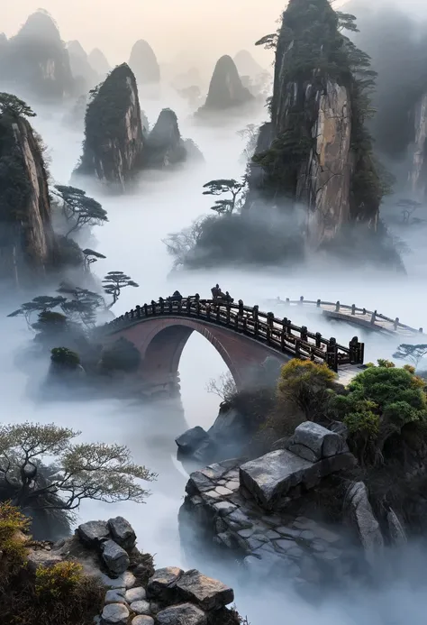 Ancient Bridge in the Fog, by Huang Gongwang and Huang Shen.
best quality, masterpiece, intricate details, ultra-detailed