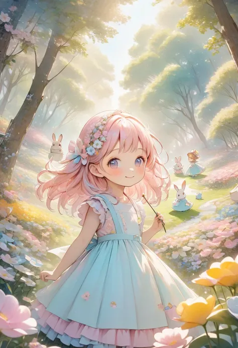 (((masterpiece))),8K resolution, ((top quality)), ((masterpiece)), A smiling woman and three rabbits are enjoying tea time in a forest of blooming flowers. kawaiitech, pastel colors, kawaii, cute colors, pastellio, pastel, kawaii pastels