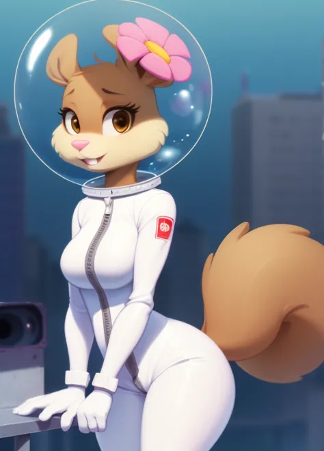 sandy-cheeks, (bubble helmet:1.3), furry female anthro, squirrel girl, portrait, (hair flower:1.1), (white skinsuit:1.2), solo, ...