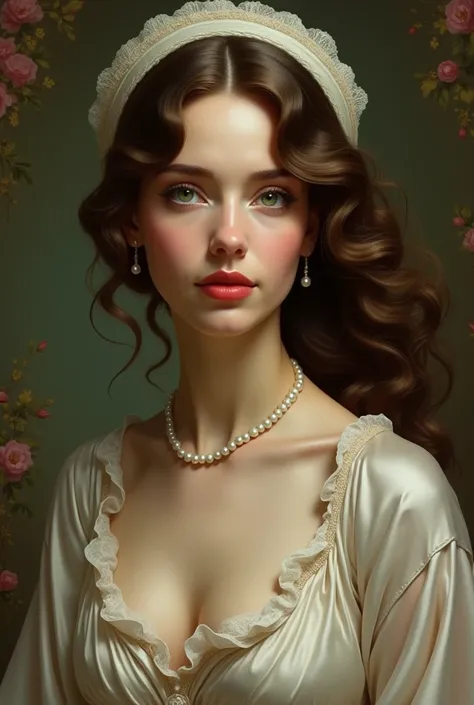 (High Resolution, Masterpiece: 1.2), (Realistic: 1.37) "(Best Quality, High Resolution, Ultra-Detailed, Realistic), Gorgeous Portrait of a 19th Century Nude French Girl with Medium Breasts Wearing a Single Necklace Made of Small Pearls and a Small Pendant,...