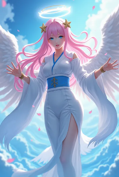 Create an image of one of Boku no hero who has open blue eyes with long pink hair and a white kimono with light blue details, She is an angel with wings and an aura over her head  , Create her fighting ,  she has several bracelets in her hand and some star...