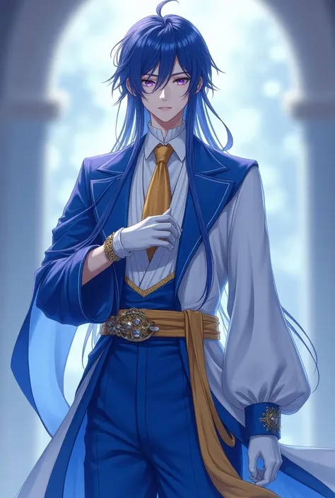 A quiet anime young man with sharp purple eyes represents long indigo hair  ,  with fair skin and wearing all the beautiful and luxurious pink fantasy clothes, such as the clothes of the nobles represented by a cold blue jelly, half blue and the other whit...