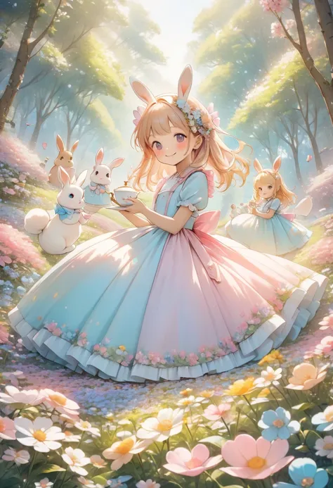 8K resolution, (((masterpiece))),8K resolution, ((top quality)), ((masterpiece)), A smiling woman and three rabbits are enjoying tea time in a forest of blooming flowers. kawaiitech, pastel colors, kawaii, cute colors, pastellio, pastel, kawaii pastels