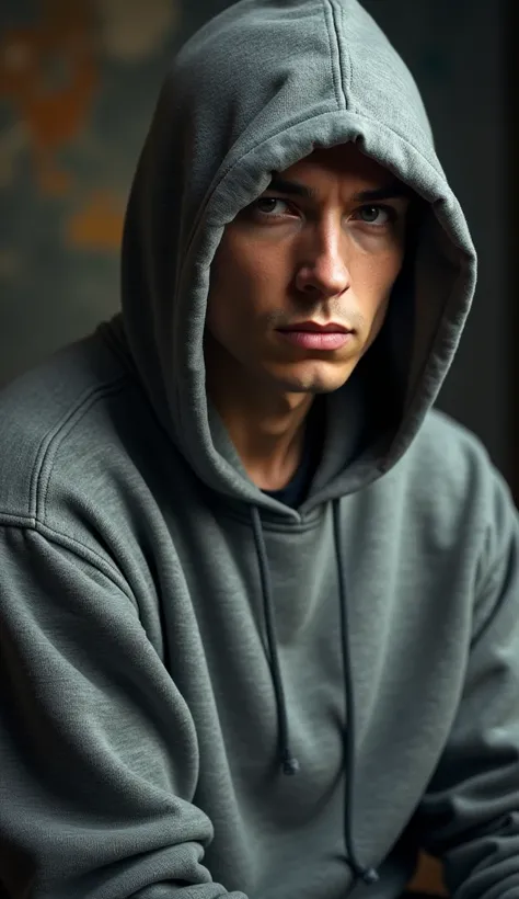 Singer Eminem wearing gray sweatshirt and looking forward