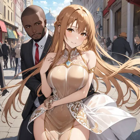 The woman is Yuki Asuna, who has beautiful bright brown hair, is wearing a luxurious golden see-through bodycon dress with vulgar flashiness, dressed with luxurious accessories, and is hugged by a black man as the lover of a strong black man in a luxurious...