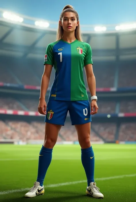 Create a woman wearing an Italian national team jersey