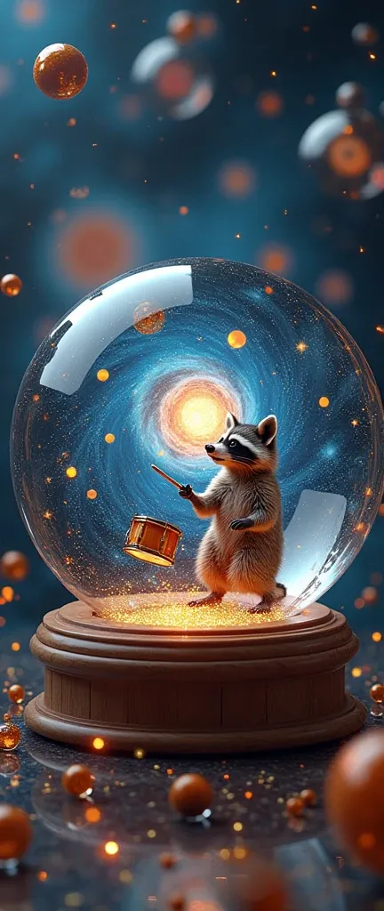 A visionary hypermaximalism style photo of a glass orb containing a galaxy with stars and planets. The glass orb is on a wooden base. There is a raccoon playing drums in the foreground. The background contains prismatic fragments reflecting fractal circles...