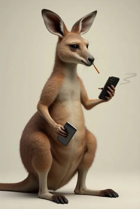 An adult kangaroo with a cell phone in her hand and a cigarette in her mouth