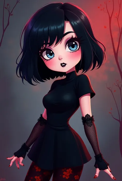 Cartoon. Mavis is a beautiful young vampire woman with a slim-yet-curvy figure, small fangs, pale-fair skin, light blue eyes and silky black hair kept into a flicked out bob with V-shaped bangs. She also wore black lipstick, black nail polish and black eye...