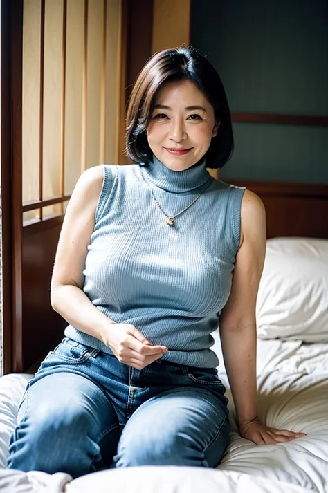 japanese women、mature woman、big breast、smile、wearing a necklace、the whole body is shown、hotel room、entrance、large areola、are fat...