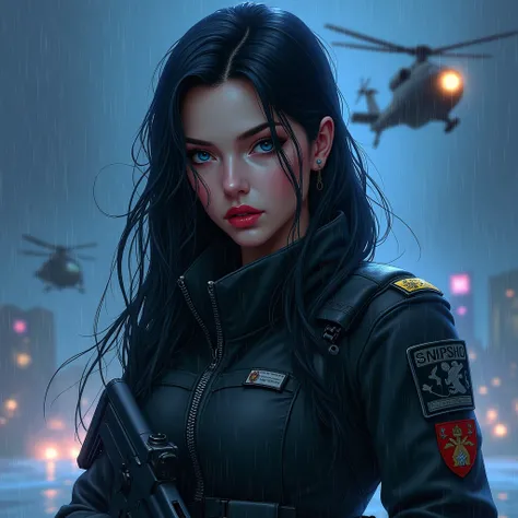 Drawing style,  beautiful woman with long and silky jet black hair wet by water , intense blue eyes, soft white skin, rasgos europeos, reddish lips with gloss,  body with sensual hourglass curves , She wears a serrated black military training uniform with ...