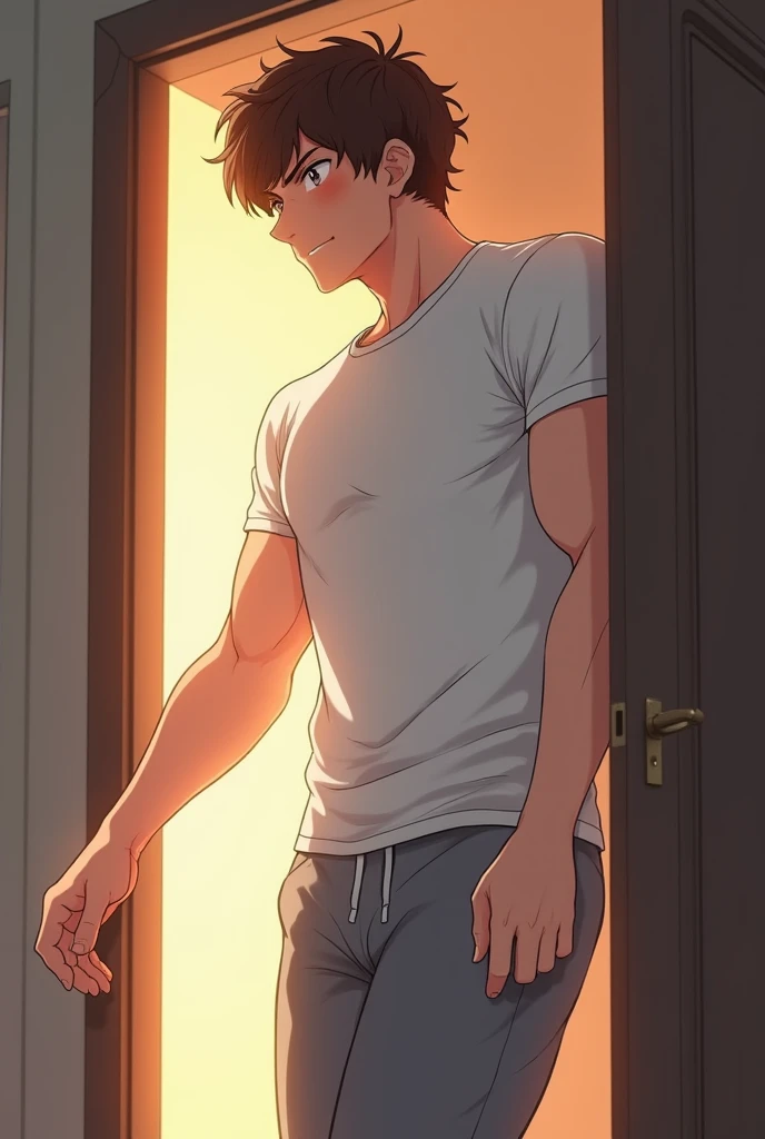 ((Anime guy)), ((manly body)), (short brown hair and brown eyes), (walk into the room from the doorway shot), (wearing casual white t-shirt and grey sweat pants), (close up), ((blushing))