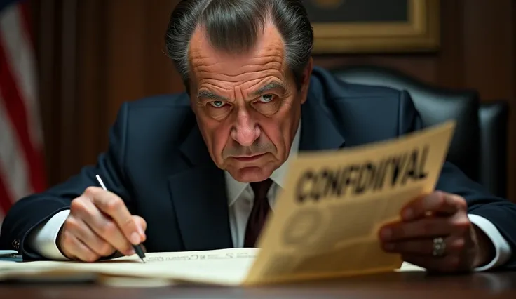 Nixon with furrowed brows, reviewing documents marked “Confidential” and “Watergate,” the presidential seal visible on the papers, highlighting the gravity of the situation.