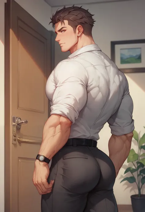  Himejima Gyomei tall very giant and muscular , big shoulder,leaning at the office door , who wear a formal shirt and black pants  , black belt ,  showing the butt