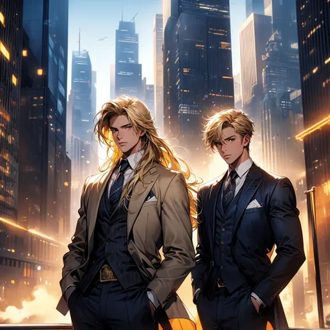  A young blond guy with long hair and brown eyes in wild west clothes sunlight on a background of yellow shades.  A young blond guy with short hair in a bodyguard business suit skyscrapers on a background of blue and white shades . The screen is divided 