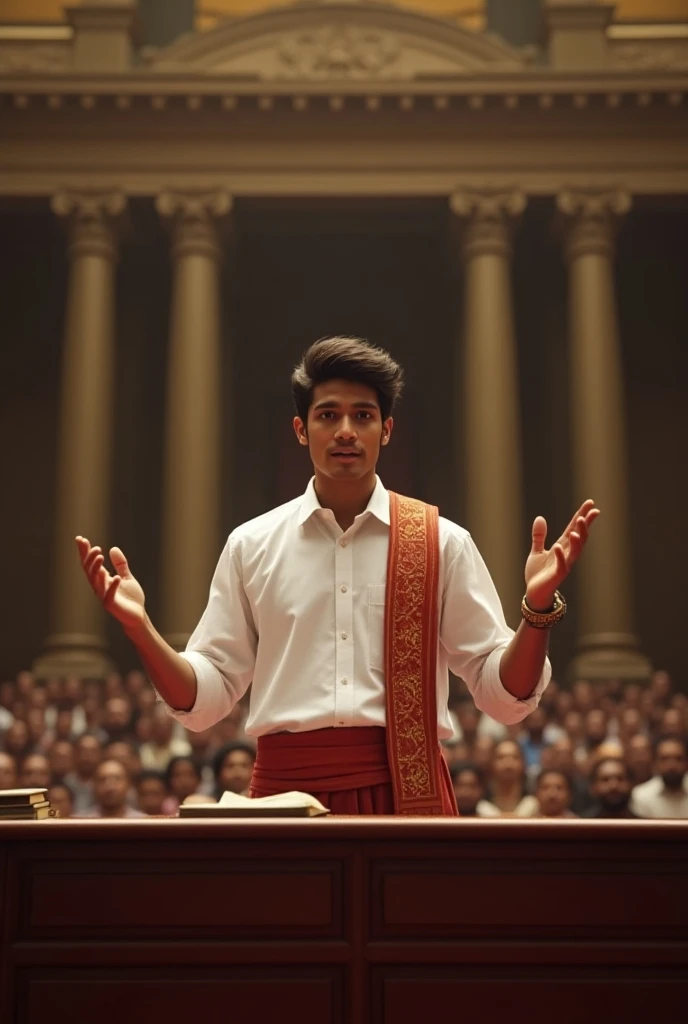 Must be handsome big light to brown and black boy in a white saron and shirt giving a speech in the Parliament of Sri Lanka