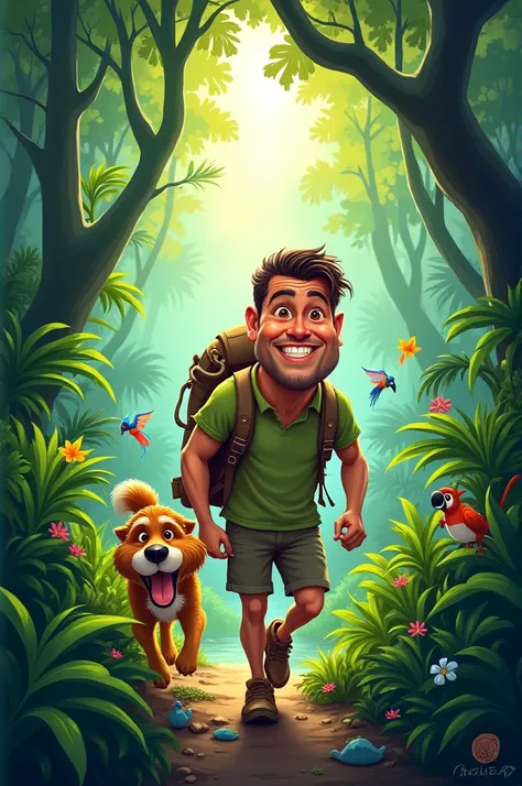 Caricature"A   and his loyal dog trekking through a dense jungle, sunlight filtering through the thick canopy, surrounded by lush greenery and towering trees."
