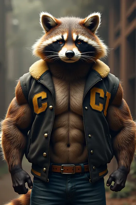 Super strong raccoon wearing a college jacket that says CUCI
