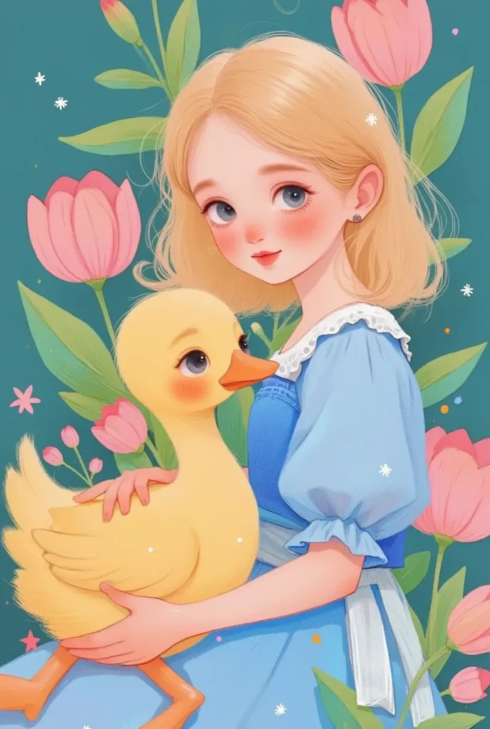 closeup of a girl in a dress holding a duck, smile，flowers ,   pixiv contest winner  , fantasy art, cute的数字艺术,  exquisite digita...