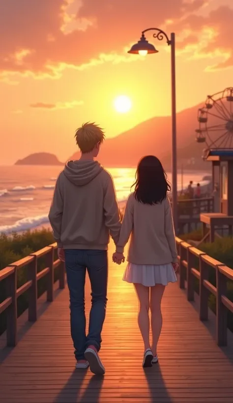 A romantic scene showing the back view of a young couple in their early 20s, one American male and one Japanese female, walking hand-in-hand through a scenic coastal boardwalk in the United States during sunset. The American male, with short blonde hair, i...