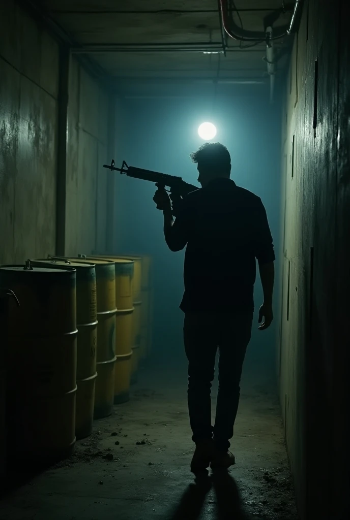 man holding realistic assault rifle is searching underground room with many biochemical drums, and several unkempt misding ren behind, make it in realistic photo, with dark-suspense thriller movie nuance, with lighting from above, with wide-angle view.