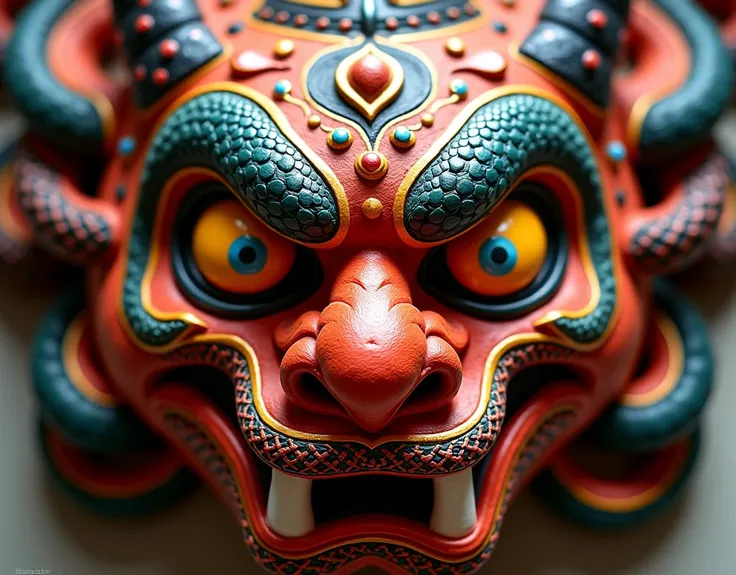  ((full view marks))"A vibrant Sri Lankan naga raksha mask, featuring exaggerated facial features with s, wide-open eyes, and intense expression.Twisting and entwining snakes full view marks very detailed. The mask is painted with bold, contrasting colors—...