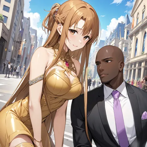 The woman is Yuki Asuna, who has beautiful bright brown hair, wears a luxurious golden bodycon dress with a vulgar, flashy luster, and is dressed with gorgeous accessories, and they walk happily snuggle up together around the city while being hugged by a b...