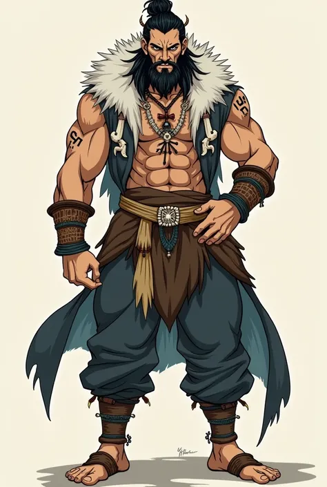 Manga character, shaman warrior , high, strong, white skin color, primitive clothes, medium black hair and black eyes ,  animal bone ornaments and bird feather,  Norse runes painted on the body . 