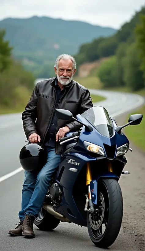 create a photo,  High resolution, of an elderly rider with short hair and gray beard , short, well-trimmed beard,  holding a helmet on the side of the highway leaning on a super sports bike, background uma rodovia.