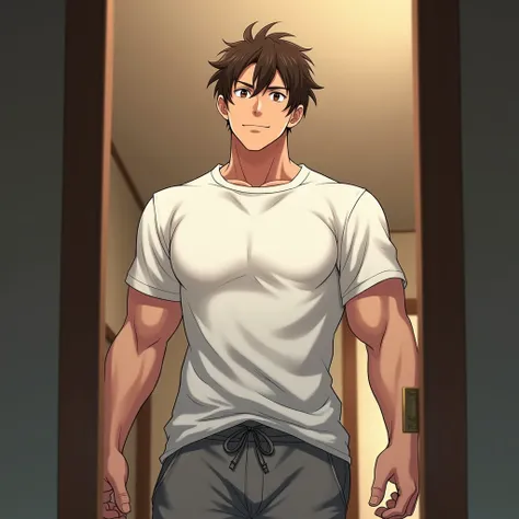 ((1 Anime guy)), ((manly body)), (short brown hair and brown eyes), (walk into the room from the doorway shot), (wearing casual white t-shirt and grey sweat pants), (close up), ((blushing)), ((looking at the viewer))