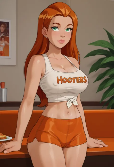 score_9, score_8_up, score_7_up, 1girl, sam ts, long hair, orange hair, green eyes,, large breasts, rating_explicit, large breasts, rating_explicit, hooters outfit, orange booty shorts, wide hips, thick thighs, exposed midriff, cleavage, white shirt, navel...