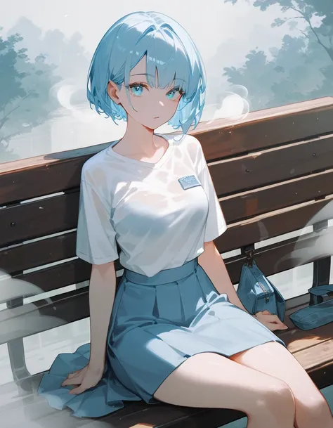  sister model ,Short hair, light blue hair , in light blue eyes, a white shirt, ,Wear a long skirt,Sitting on a bench,fog,Medium size face