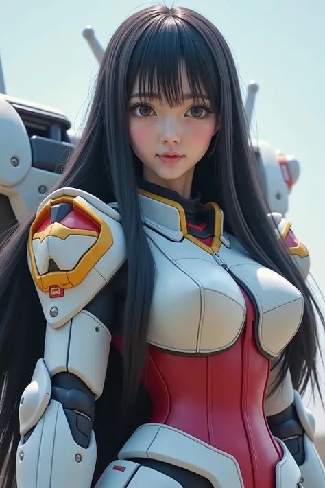 live-action, Real, Gundams Armor, The official colors are white,
 red, blue and yellow, Shiny texture, Very beautiful Japanese girl,
 Black Hair, Straight Long Hair, Hime cut, Gundam Helmet, Gundam Backpack, 
Dynamic pose、Beam sabers held down、Simple Backg...