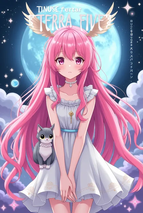 The cover of a Japanese manga called Terra Five with a girl with long pink hair and a cat 