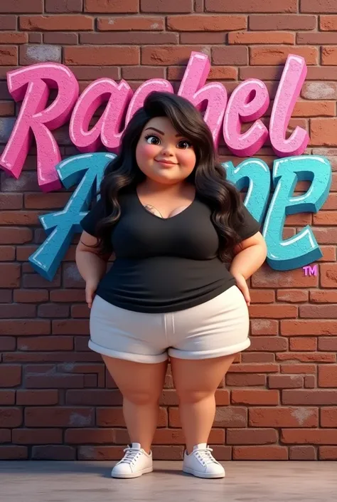 (photorealism:1.2), a 3D animated cartoon chubby women have a wavy long hair, wearing black shirt, white short and white shoes, while posing on a big brick wall and has a girly graffiti name Rachel Anne on top of the wall