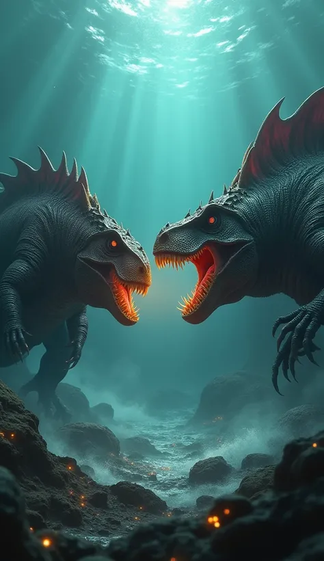 anglerfish and ankylosaurus separate but together angry atmosphere. 