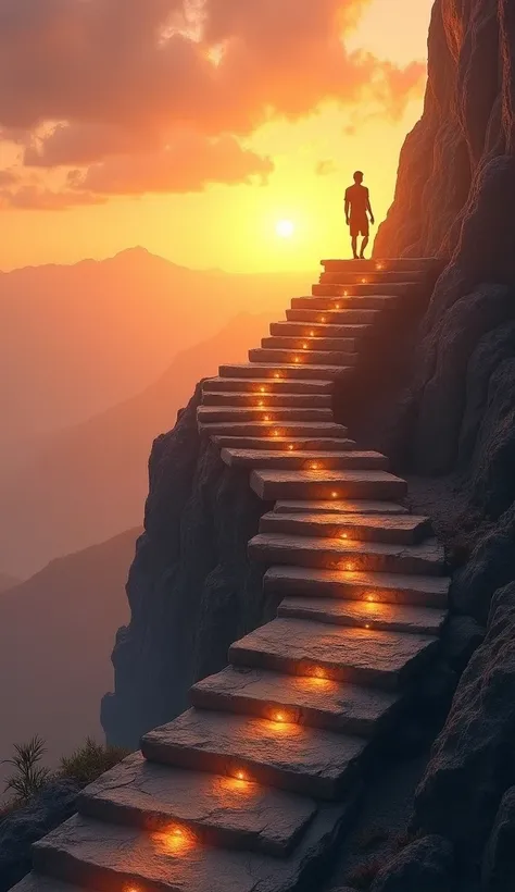 A figure climbing an immense stone staircase, in a stunning landscape of a sunrise or sunset. As one ascends, the steps gently illuminate with a golden light, symbolizing spiritual growth. At the top, an impressive view opens up, representing the transform...