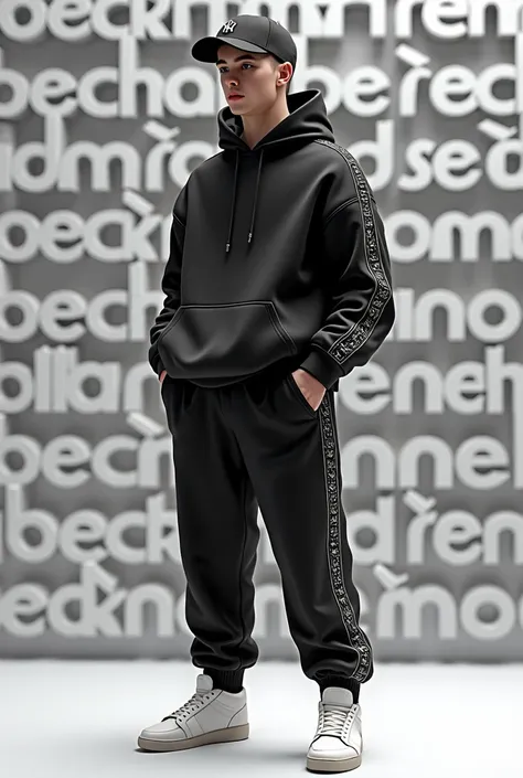   a 3d illustration of a standing character ,  wearing a set of black sweatpants with details on the sleeves and pants.  He wears a black cap and white sneakers .  The hands are in the pockets of his pants . In the background,  has the name  "BECKMEN "  wr...