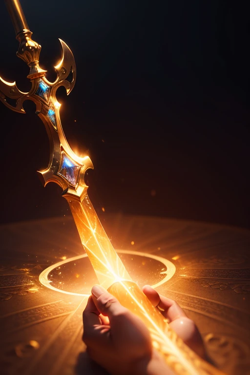  A beautifully detailed image of an enchanted sword, That is lying on a table ,  glowing with magical energy . The blade ,  shines with a gentle , warm light,  curves and turns ,  as it extends from hand to hand ,  that a hypnotic ,  etheric trail of swirl...