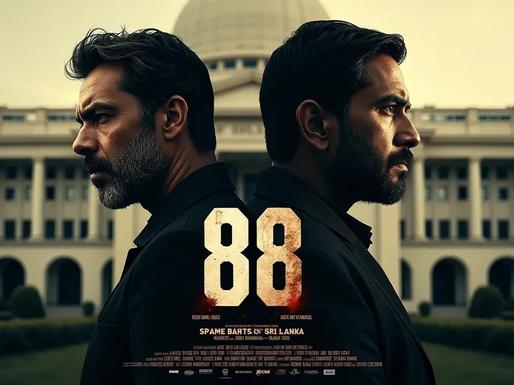 need film poster design . tittle of the film is "88" . 2 hero(only men) .. Srilanka political film.  need 88 on image. use srilankan parliment image as backgrund.