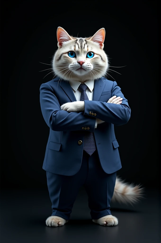 A surreal image of a cat standing upright wearing a blue suit with a tie, resembling a professional businessman. The cat has sharp blue eyes, detailed white fur with a soft gray pattern, and a confident pose with its arms crossed. The background is pitch b...