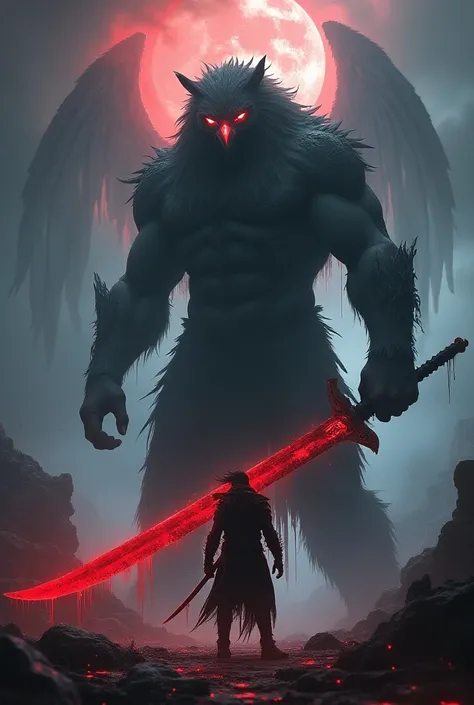 A bg with red and blue haunted sky with creepy shadows. A red eyed vulture shaped tower full of dead bodies hanging to it outwards with droping blood. A lion mixed ninja samurai with a huge muscular body with noticeable muscle cuts having a vikings hairsty...