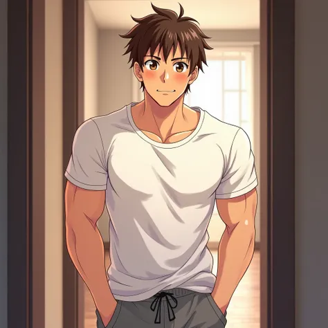 ((1 Anime guy)), ((manly body)), (short brown hair and brown eyes), (walk into the room from the doorway shot), (wearing casual white t-shirt and grey sweat pants), (close up), ((blushing and smiling)), (looking at the viewer)