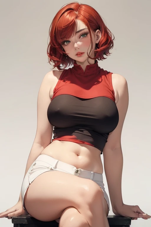 (masterpiece, best quality, cinematic, photorealistic, ultra-detailed), 1girl, (red lips, puffy lips, thick lips, slightly parted lips:1.2) (wide shot, from the front:1.5), (red hair, short wavy bob hairstyle, with caramel highlights:1.3), wide hips, thick...