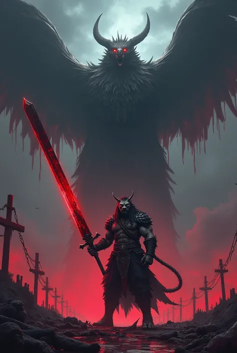 A bg with red and blue haunted sky with creepy shadows. A red eyed vulture shaped tower full of dead bodies hanging to it outwards with droping blood. A lion mixed ninja samurai with a huge muscular body with noticeable muscle cuts having a vikings hairsty...